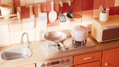 Kitchen room with cartoon style, 3d rendering. Video stock 290938863