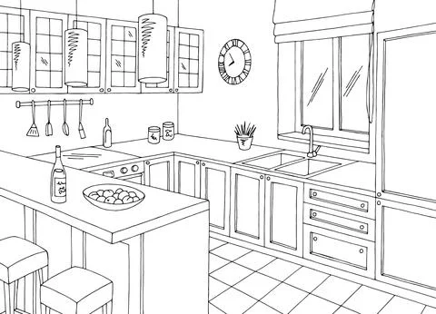 Kitchen room graphic black white home interior sketch illustration vector Stock Illustration