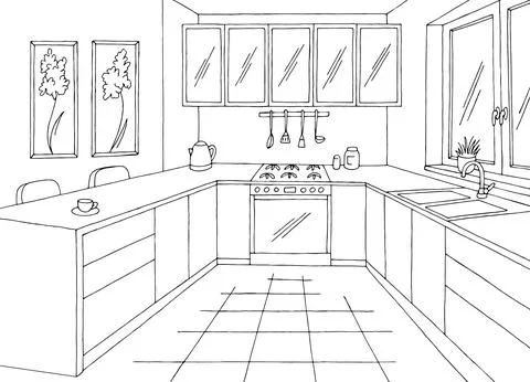 Kitchen room graphic black white home interior sketch illustration vector Stock Illustration