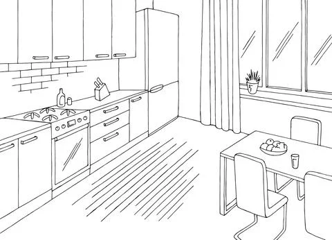 Kitchen room graphic black white home interior sketch illustration vector Stock Illustration