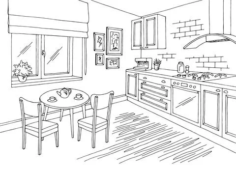 Kitchen room graphic black white home interior sketch illustration vector Stock Illustration