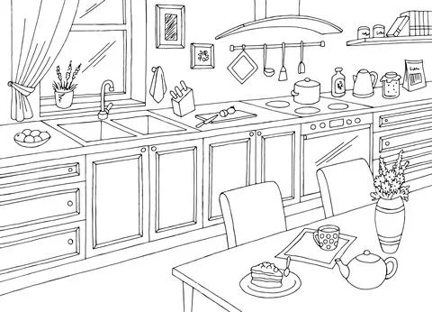 Kitchen room graphic black white home interior sketch illustration vector Stock Illustration