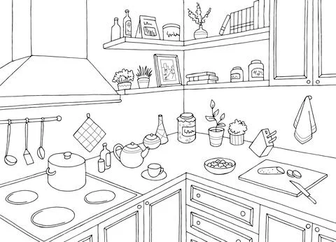 Kitchen room graphic black white home interior sketch illustration vector Stock Illustration