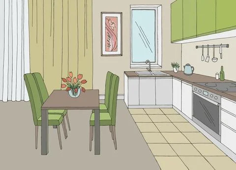 Kitchen room graphic color home interior sketch illustration vector Stock Illustration