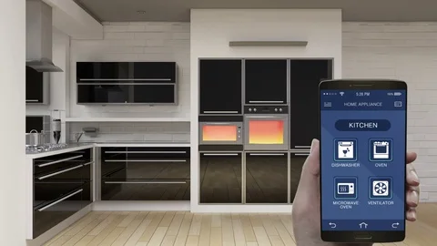 Kitchen room Home Appliances control in mobile application, energy saving, IoT. 動画素材 80251927