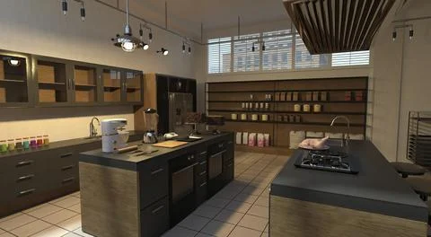 Kitchen room interior 3d illustration Stock Illustration