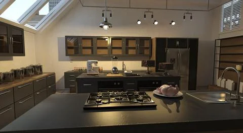 Kitchen room interior 3d illustration Stock Illustration