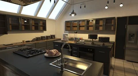 Kitchen room interior 3d illustration Stock Illustration