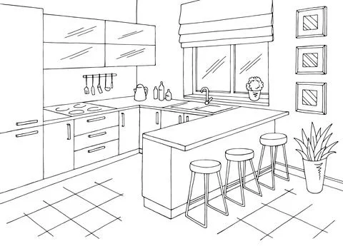 Kitchen room interior black white graphic sketch illustration vector  Stock Illustration