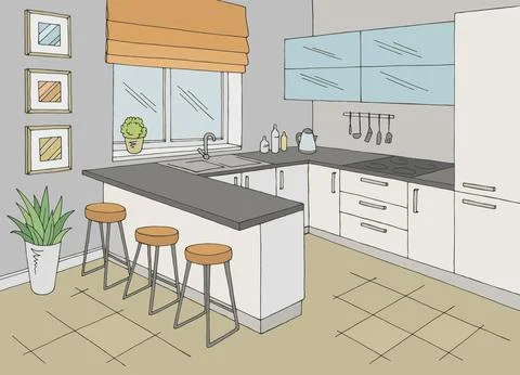 Kitchen room interior color graphic sketch illustration vector Stock Illustration