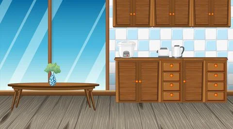 Kitchen room interior design with counter cabinet and center table Stock Illustration