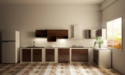 Kitchen room interior with Kitchen counter on wooden tiles. 3D rendering Illustrazione stock