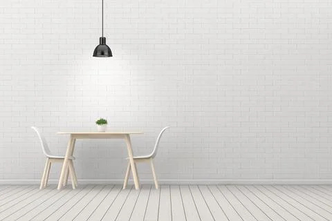 Kitchen Room Interior with Lamp, Table and Two Chairs near Brick Wall. 3d R.. Stock Illustration