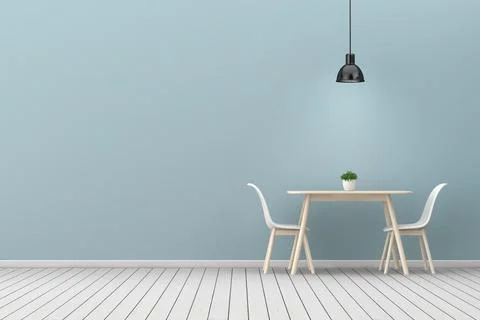 Kitchen Room Interior with Lamp, Table and Two Chairs near Empty Blue Wall... Stock-Illustration