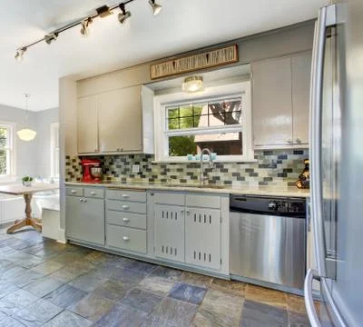 Kitchen room interior with tile back splash trim Stock Photos