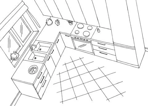 Kitchen room interior top view from above aerial  graphic sketch vector Stock Illustration