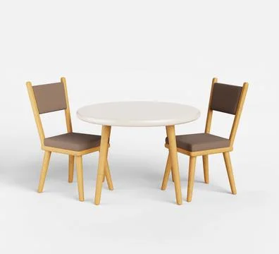 Kitchen round table with chairs 3d render set. Dining desk with white countertop Stock Illustration