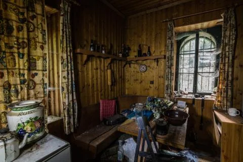 Kitchen with rum pot and old objects in a house from a hunter Stock Photos