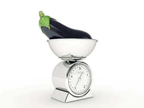 Kitchen scale with giant eggplant Stock Illustration