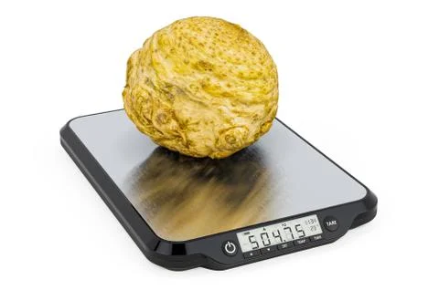 Kitchen Scales with Celery root. 3D rendering Stock Illustration