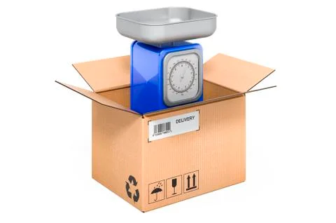 Kitchen scales inside cardboard box, delivery concept. 3D rendering Stock Illustration