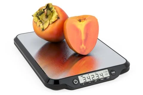 Kitchen Scales with Persimmons. 3D rendering Stock Illustration