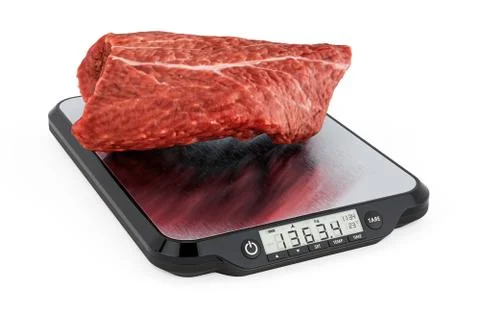 Kitchen Scales with Raw Beef. 3D rendering Illustrazione stock