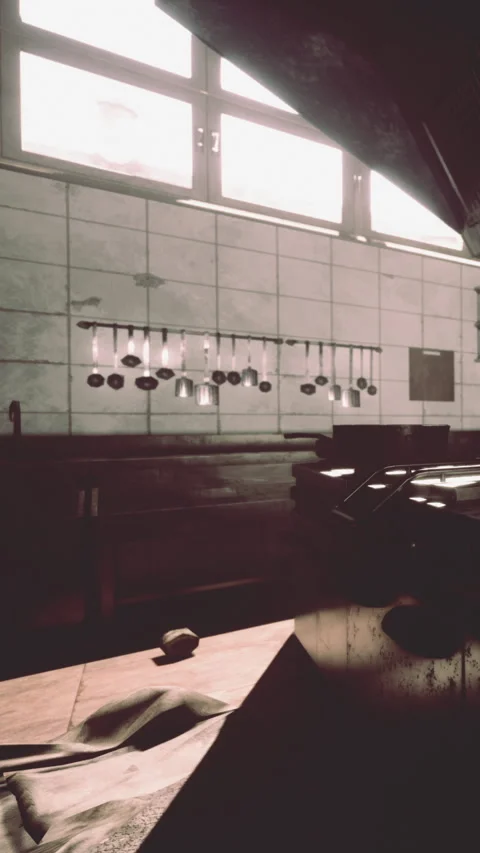 Kitchen scene with hanging utensils and light from windows Stock Footage 337941421