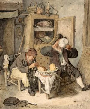Kitchen Scene Peasants at Breakfast Bread on the Table and Full of Storage Stock Illustration