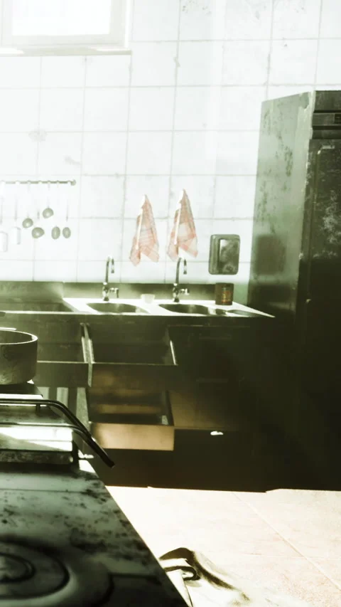 Kitchen scene in a restaurant with old equipment in a dim light Stock Footage 337938281
