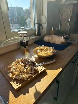 Kitchen scene with sunlight streaming through window, featuring freshly chopp Stock Photos