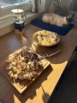 Kitchen scene with sunlight streaming through window, featuring freshly chopp Stock Photos