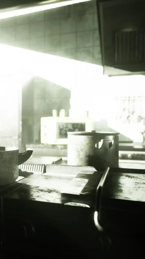Kitchen scene with tools and equipment during daytime at a busy restaurant Stock Footage 332215003