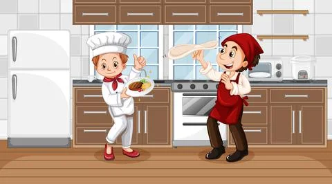 Kitchen scene with two chefs cartoon character 스톡 일러스트