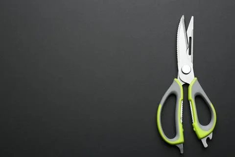 Kitchen scissors on dark background, top view. Space for text Stock Photos
