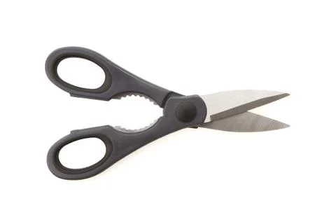 Kitchen scissors or shears metal steel plastic on white. Stock Photos