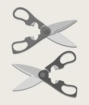 Kitchen scissors in two versions isolated on beige background. Vector Stock Illustration