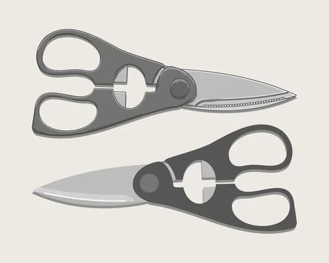Kitchen scissors in two versions isolated on beige background. Vector Stock Illustration