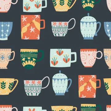 Kitchen seamless pattern of ceramic cups flat cartoon style Stock Illustration