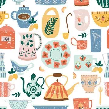 Kitchen seamless pattern of ceramic tableware flat cartoon style Stock Illustration