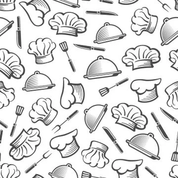 Kitchen seamless pattern - chef hat dish and cutlery texture Stock Illustration