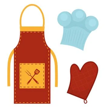 Kitchen set with apron, cook cap, potholder. Clothes for cooking, restauran.. Stock Illustration