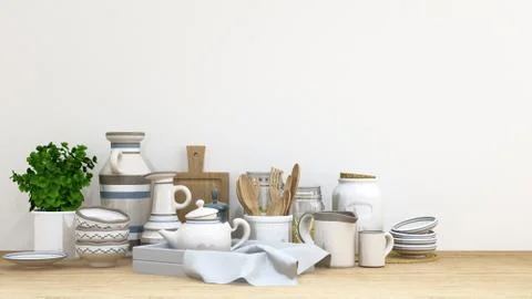 Kitchen set bule white tone on wooden floor- 3D rendering Stock Illustration