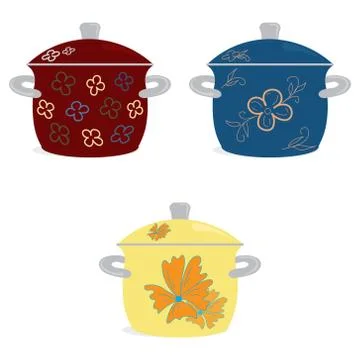 Kitchen set dishes. Three enameled pots for cooking red blue yellow with a pa Stock Illustration