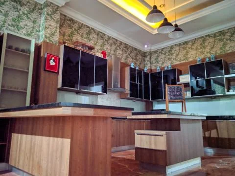Kitchen set with mini bar design interior Stock Photos