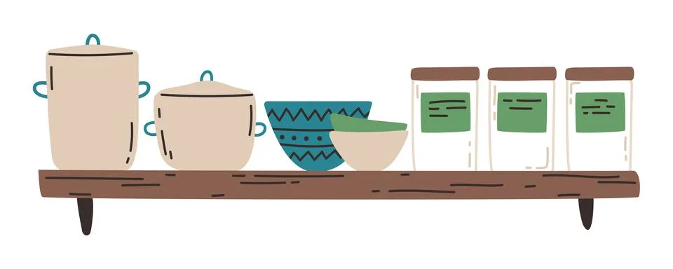 A kitchen shelf with kitchenware flat vector illustration. Interior of a kitc Stock Illustration