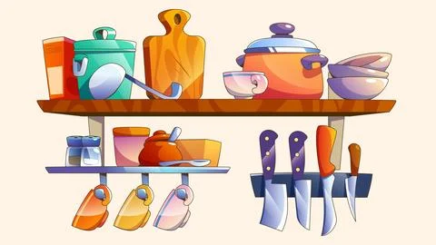 Kitchen shelf with utensils hanging on wall Stock Illustration