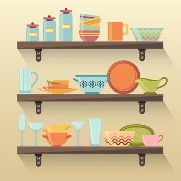 Kitchen shelves with colorful tableware Stock Illustration