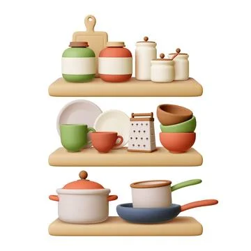 Kitchen shelves. Kitchenware 3d elements stand on shelf. Bowls and cup, pan and 스톡 일러스트