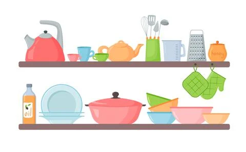 Kitchen shelves. kitchenware dishes cups and cooking devises on wooden shelve Stock Illustration